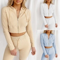 Sexy Long Sleeve Hooded Crop Top + Pants Two-piece Set