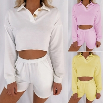 Solid Color Long Sleeve POLO Collar Top + Shorts Two-pieces Set