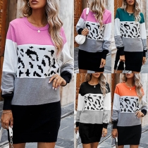 Fashion Contrast Color Leopard Spliced Long Sleeve Round Neck Knit Dress