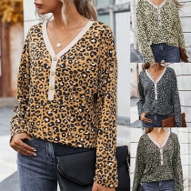 Fashion Long Sleeve V-neck Leopard Printed T-shirt