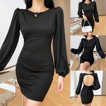 Sexy Backless Lantern Sleeve Round Neck Solid Color Dress(The size runs small)