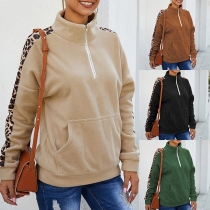 Fashion Leopard Spliced Long Sleeve Stand Collar Sweatshirt