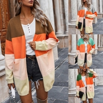 Fashion Contrast Color Long Sleeve Loose Knit Cardigan