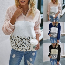 Fashion Contrast Color Leopard Spliced Hooded Plush Sweatshirt