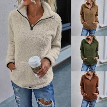 Fashion Solid Color Long Sleeve Stand Collar Plush Sweatshirt