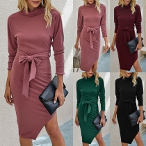 Elegant Solid Color Long Sleeve Slit Hem Slim Fit Dress