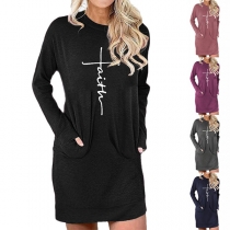 Solid Color Round Neck Cross Letters Printed Long Sleeve Dress