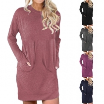 Fashion Solid Color Long Sleeve Round Neck Loose Dress