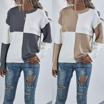 Fashion Contrast Color Round Neck Long Sleeve Knit Top