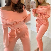Solid Color Boat Neck Long Sleeve Top+Pants Two-piece Set