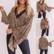 Sexy Lace Spliced V-Neck Trumpet Sleeve Leopard Printed Top