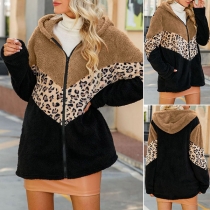 Fashion Leopard Spliced Long Sleeve Hooded Plush Sweatshirt Dress