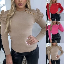 Fashion Solid Color Puff Sleeve Round Neck Slim Fit Top