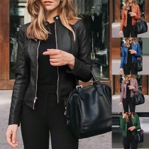 Fashion Solid Color Long Sleeve Stand Collar PU Leather Jacket