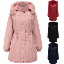 Fashion Faux Fur Spliced Hooded Long Sleeve Solid Color Padded Coat