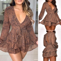 Sexy Deep V-neck Long Sleeve Leopard Printed Romper