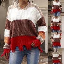 Fashion Contrast Color Long Sleeve V-neck Frayed Hem Sweater