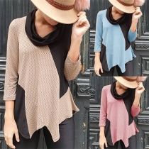 Fashion Contrast Color Long Sleeve Cowl Neck Irregular Hem T-shirt