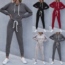 Fashion Solid Color Long Sleeve Hooded Drawstring Sports Suit