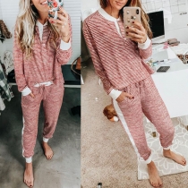 Fashion Long Sleeve Round Neck Striped Top + Pants Two-piece Set