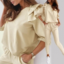 Fashion Solid Color Long Sleeve Round Neck Ruffle Top + Pants Two-piece Set