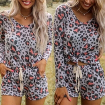 Fashion Leopard Printed Long Sleeve Round Neck T-shirt + Shorts Two-piece Set