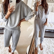 Fashion Solid Color Long Sleeve Round Neck Top + Pants Two-piece Set