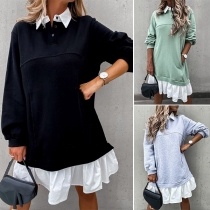 Fashion Contrast Color Long Sleeve Ruffle Hem Mock Two-piece Sweatshirt Dress