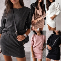 Fashion Solid Color Long Sleeve Round Neck Top + Skirt Two-piece Set