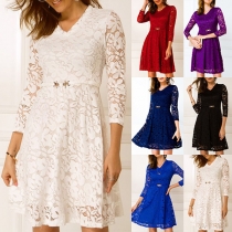 Sexy V-neck 3/4 Sleeve High Waist Solid Color Lace Dress
