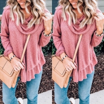Fashion Solid Color Long Sleeve Cowl Neck Ruffle Hem Top