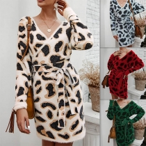 Sexy V-neck Long Sleeve Slim Fit Leopard Prinfed Knit Dress