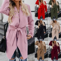 Fashion Solid Color Long Sleeve Lapel Coat with Waist  Strap