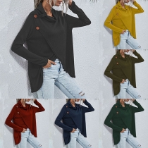 Fashion Solid Color Long Sleeve Cowl Neck Slit Hem Knit Top