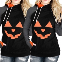 Fashion Contrast Color Long Sleeve Hooded Pumpkin Printed Sweatshirt