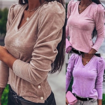 Simple Style Long Sleeve V-neck Solid Color T-shirt