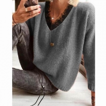 Fashion Lace Spliced V-neck Long Sleeve Solid Color Knit Top