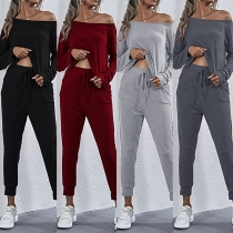 Sexy Off-shoulder Long Sleeve T-shirt + Pants Two-piece Set