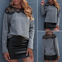 Fashion Long Sleeve Round Neck Lace Spliced T-shirt