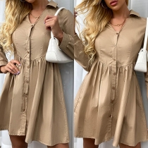 OL Style Long Sleeve V-neck Solid Color Shirt Dress