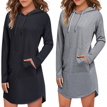 Simple Style Long Sleeve Hooded Solid Color Sweatshirt Dress