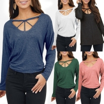 Fashion Solid Color Long Sleeve Round Neck Hollow Out T-shirt