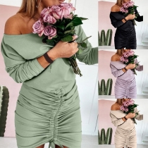 Sexy Off-shoulder Boat Neck Long Sleeve Slim Fit Drawstring Dress