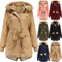 Fashion Solid Color Faux Fur Spliced Hooded Plush Lining Padded Coat