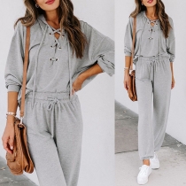 Fashion Solid Color Lace-up V-neck Hooded Sweatshirt + Pants Two-piece Set
