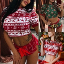 Sexy Short Sleeve Round Neck Printed Crop Top + Mini Shorts Two-piece Set