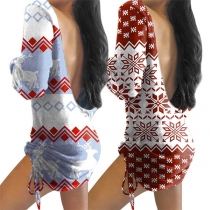 Sexy Backless Long Sleeve Side-drawstring Printed Dress