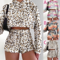 Fashion Tie-dye Printed Long Sleeve Hooded Plush Crop Top + Shorts two-piece Set