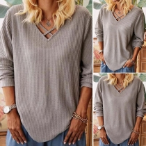 Simple Style Long Sleeve V-neck Solid Color T-shirt