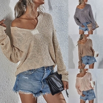 Solid Color Long Sleeve V-neck Loose Knit Top